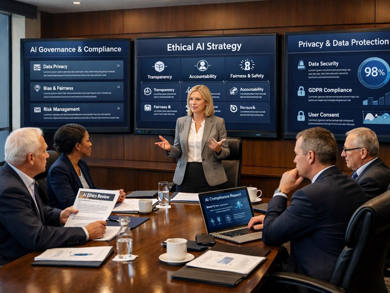 AI ethics and governance discussion in a premium corporate setting with secure systems