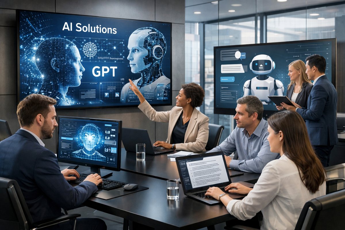 Professionals using AI tools and generative models in a premium office environment