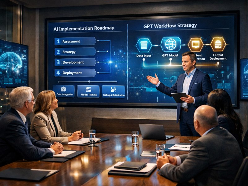 Consultant presenting AI implementation strategy and GPT workflows to executives