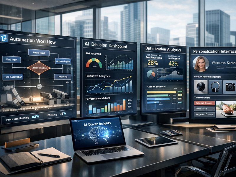 Custom AI solutions dashboard showing automation and optimization workflows