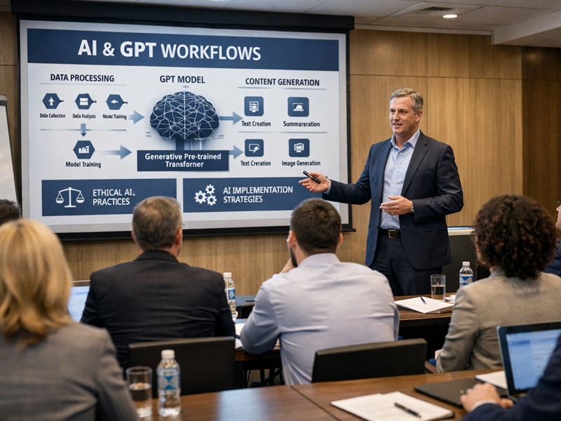 AI training workshop with professionals learning practical business AI implementation