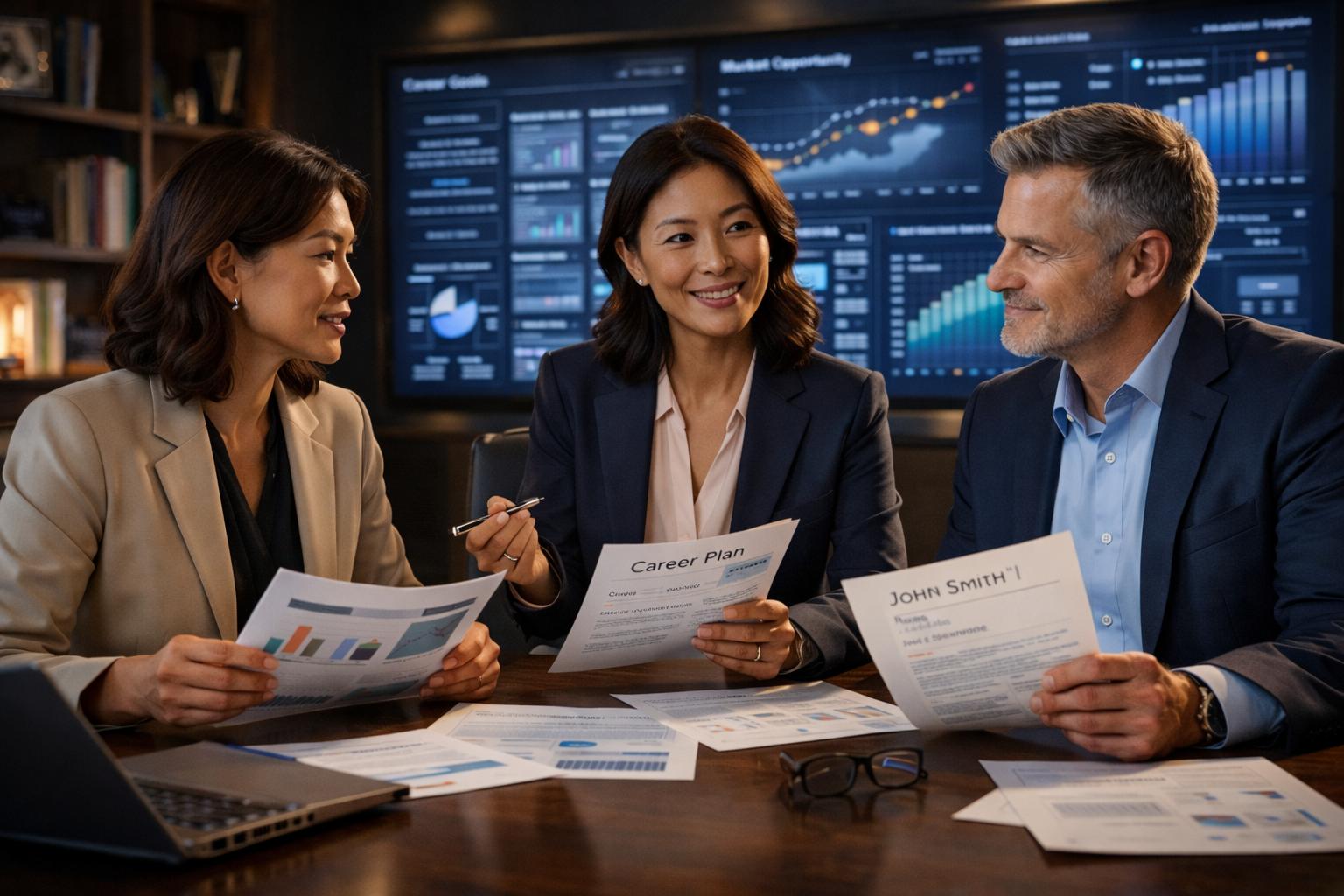 Confident professionals and career advisors reviewing career strategy in a premium office