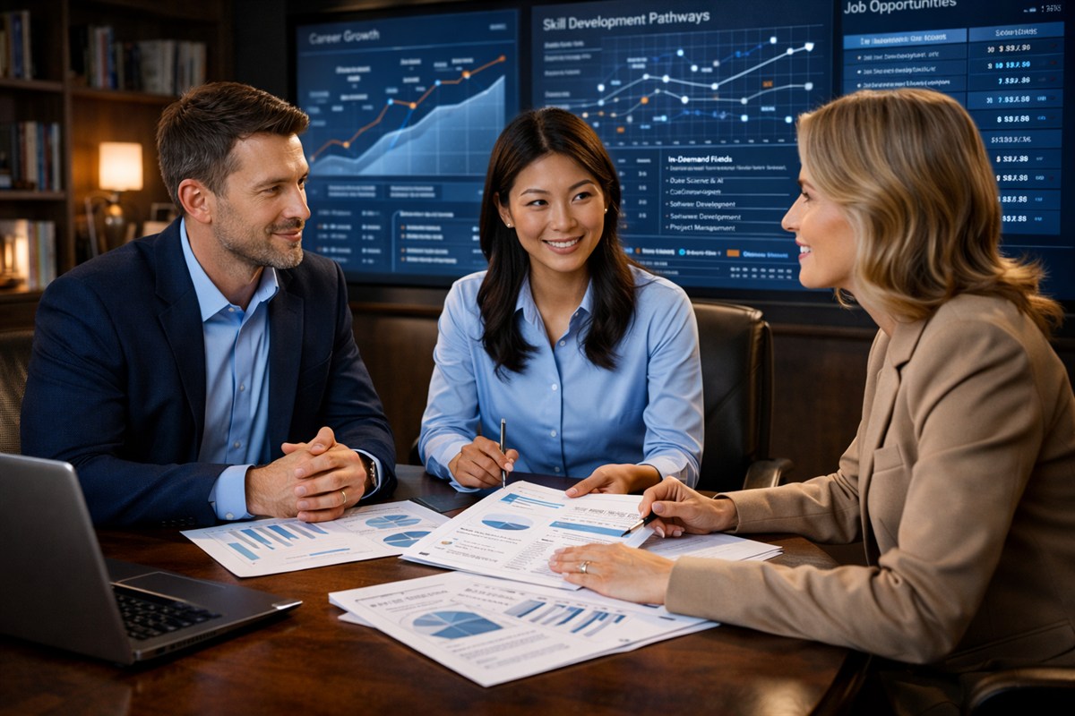 Career coach and professionals reviewing growth opportunities in a modern office