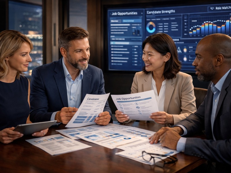 Job placement support session with professionals reviewing opportunities and career matches