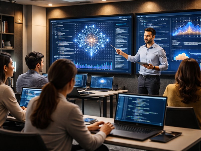 Professionals learning data science AI and software development skills in a premium training environment