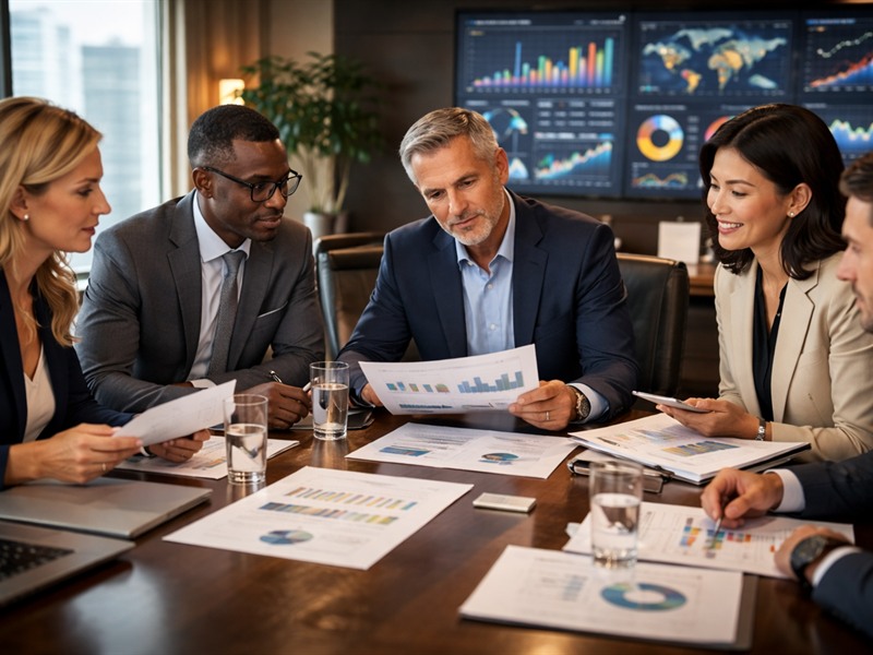 Business consultancy meeting with executives reviewing strategy and performance plans