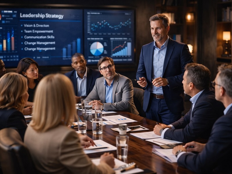 Leadership training session with executives and team development coaching