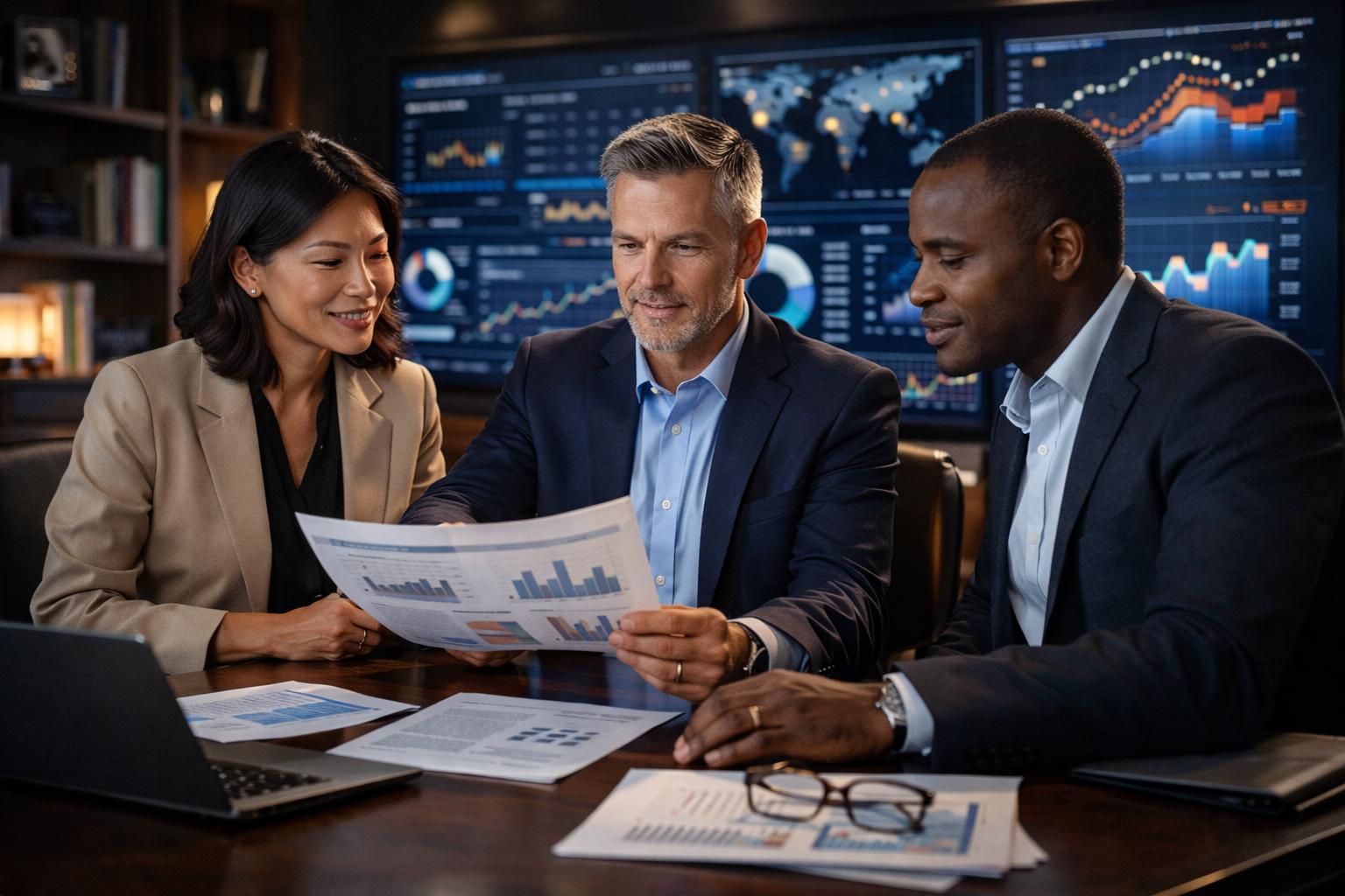 Confident business leaders and trainers reviewing organizational development strategy in a premium office