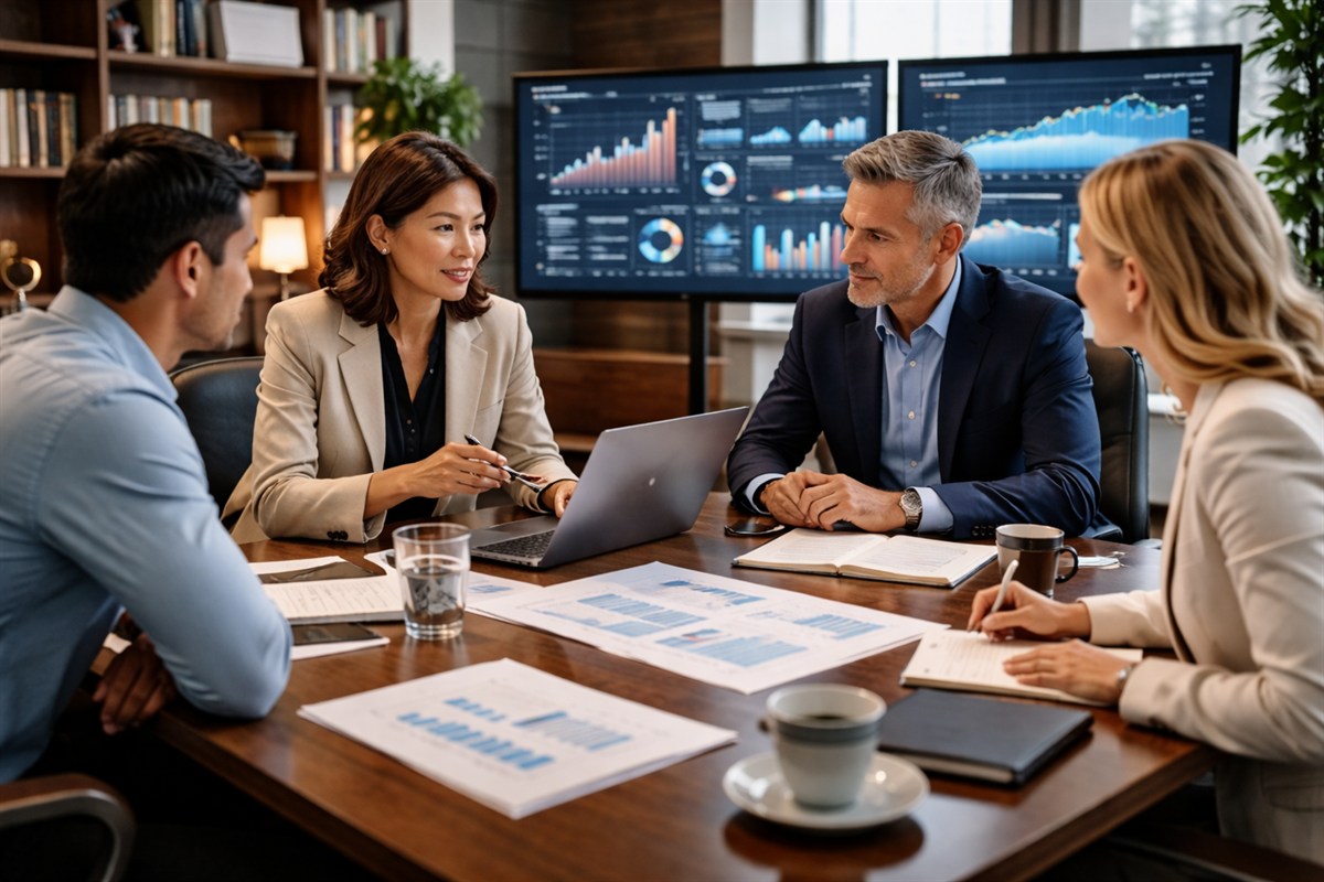 Consultants and trainers working with professionals in a premium business setting