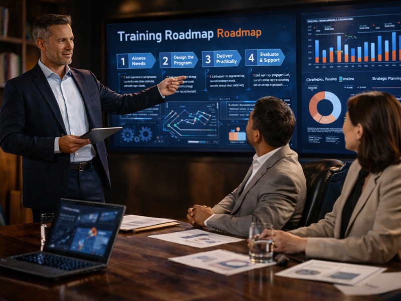 Consultant presenting training roadmap and strategic recommendations to professionals