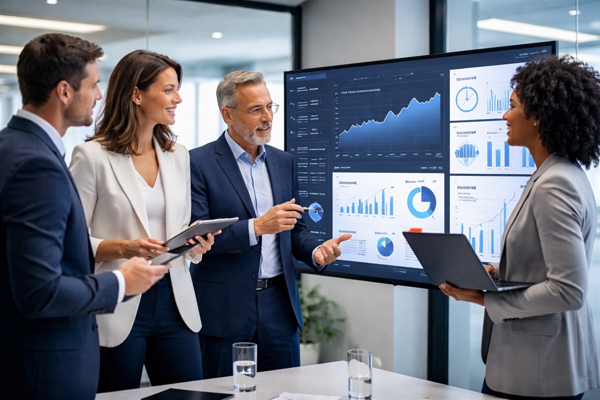 Business team reviewing a data analytics dashboard