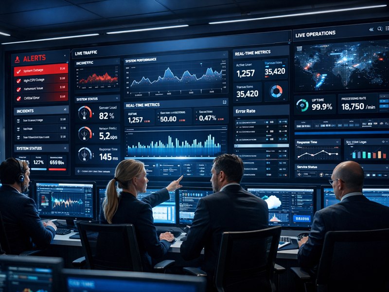 Live monitoring screen with real-time business metrics and alerts