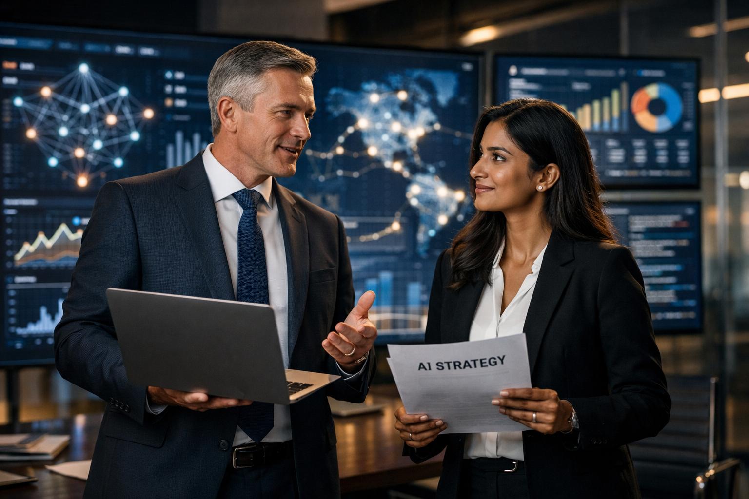 Confident data science leaders reviewing AI and machine learning strategy in a premium office