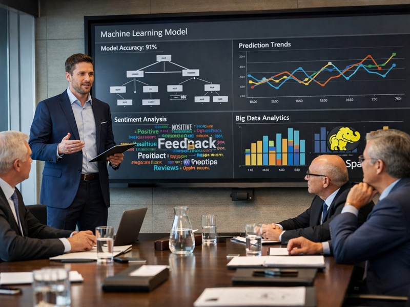 Data science consultant presenting model results and insights to stakeholders