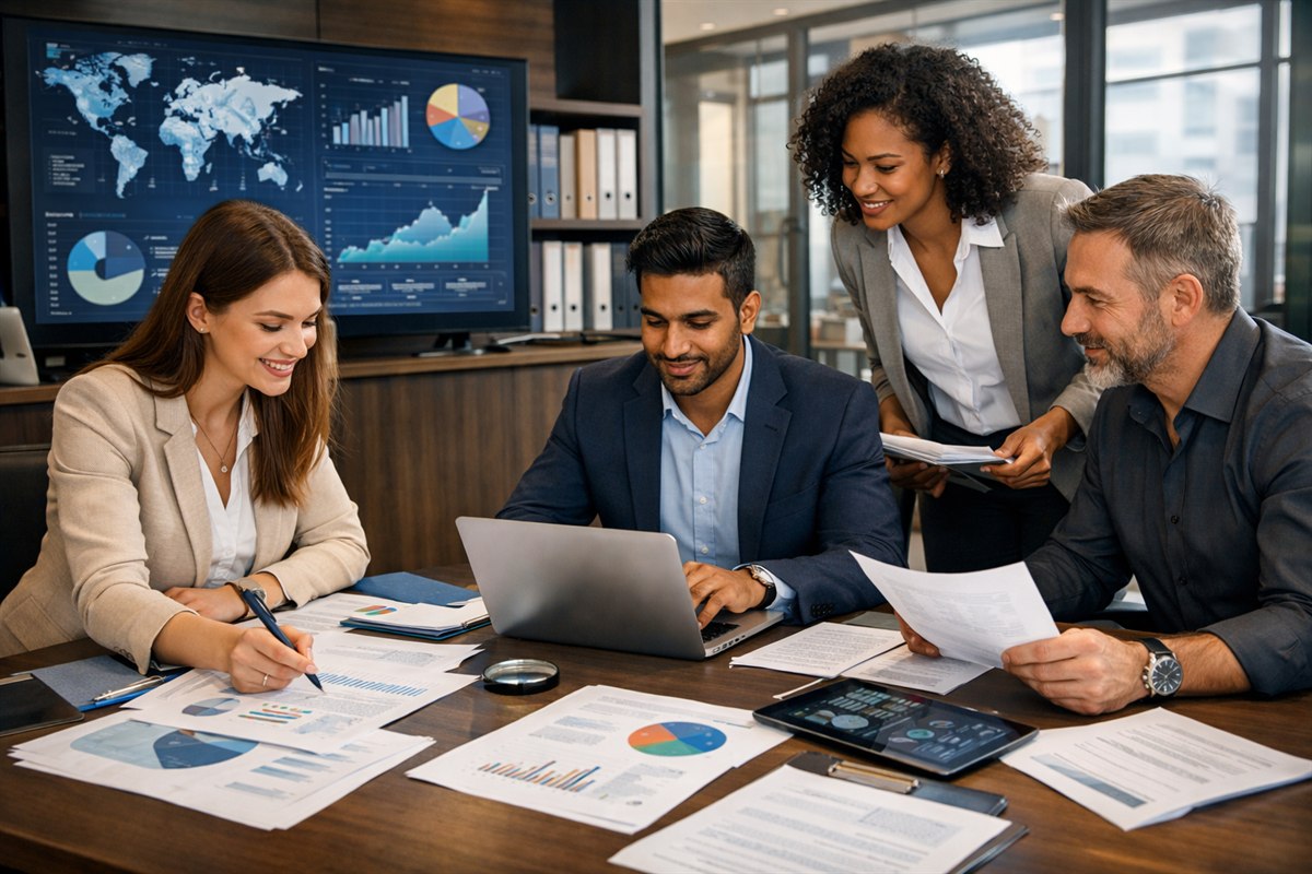 Researchers and analysts reviewing reports and data in a premium modern office