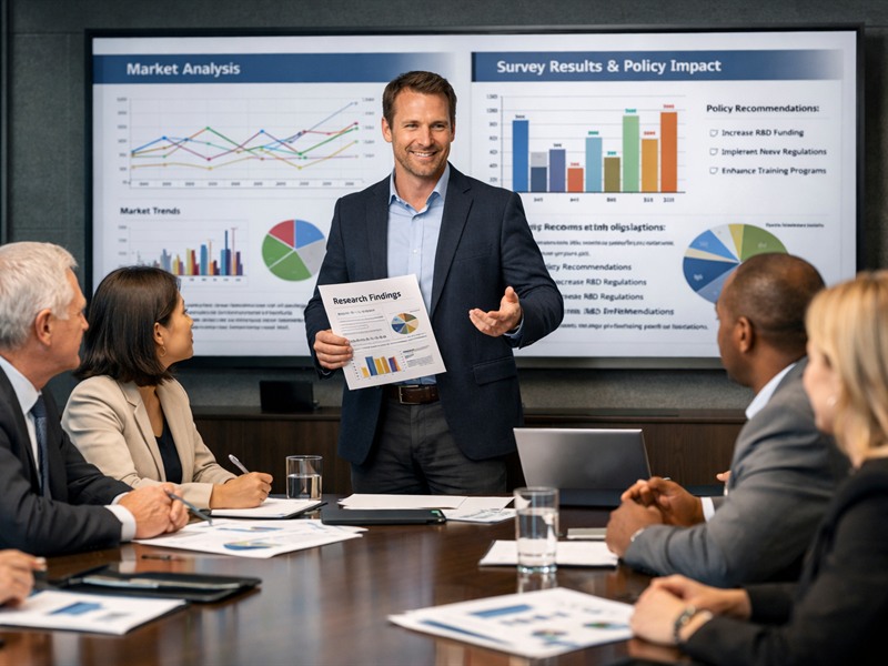 Research consultant presenting findings to stakeholders in a premium boardroom setting