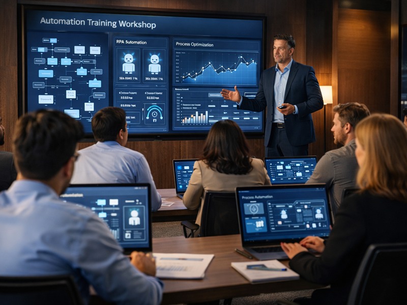 Automation training session with professionals learning workflow and RPA tools in a premium setting